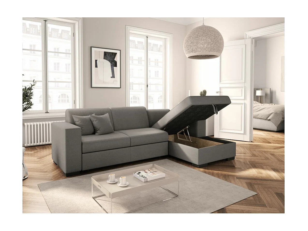 Canapé d'angle droit 4 places Fuji XL convertible avec coffre en tissu - Gris clair - L262 x 157 x 83cm - Loungitude