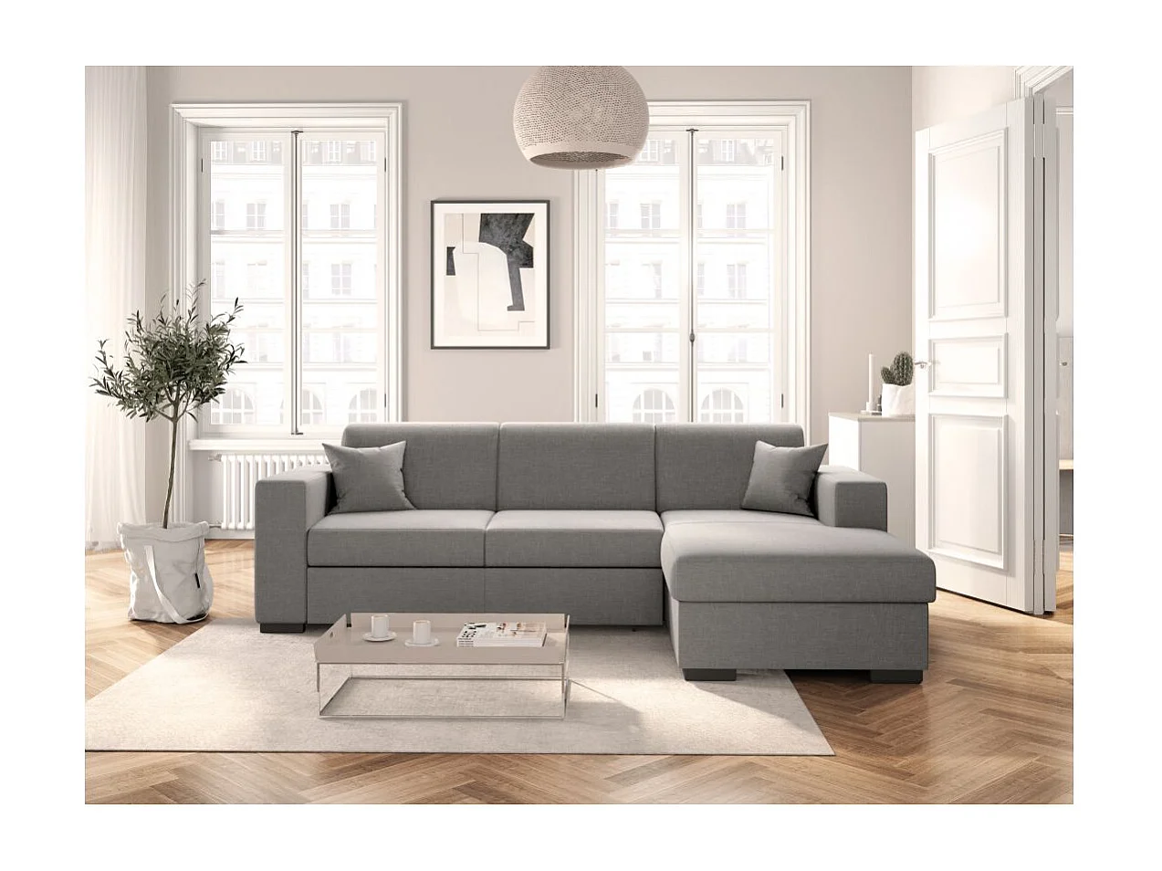 Canapé d'angle droit 4 places Fuji XL convertible avec coffre en tissu - Gris clair - L262 x 157 x 83cm - Loungitude