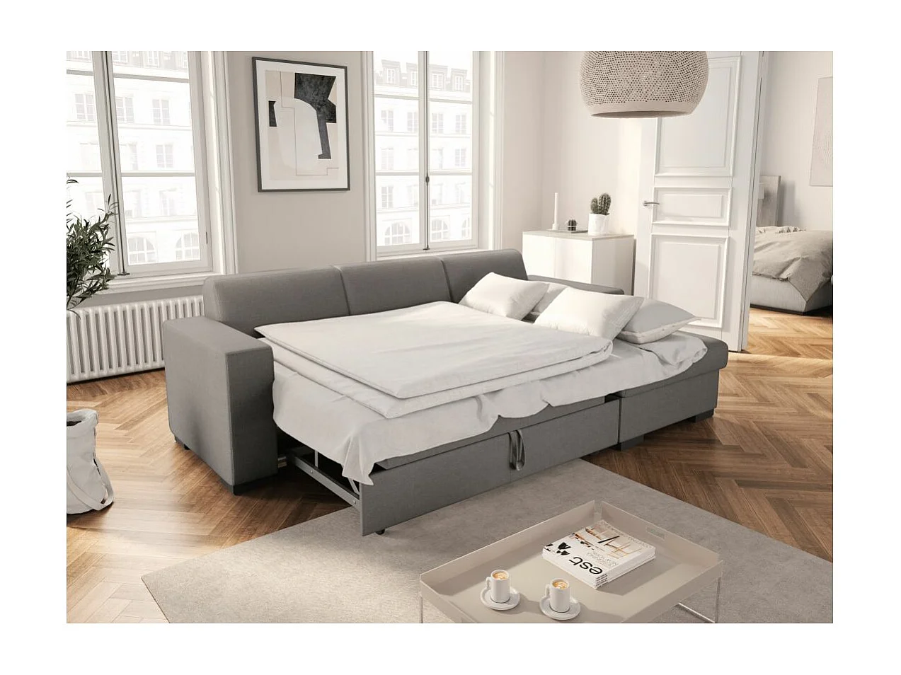 Canapé d'angle droit 4 places Fuji XL convertible avec coffre en tissu - Gris clair - L262 x 157 x 83cm - Loungitude