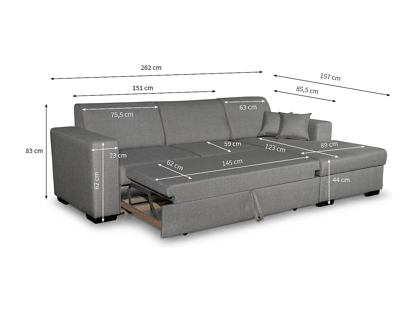 Canapé d'angle droit 4 places Fuji XL convertible avec coffre en tissu - Gris clair - L262 x 157 x 83cm - Loungitude