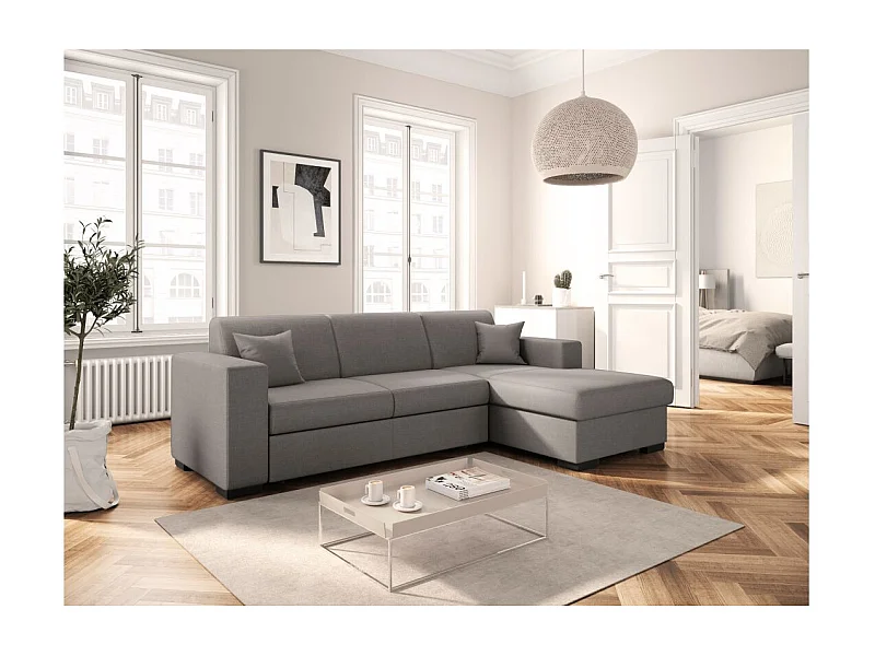 Canapé d'angle droit 4 places Fuji XL convertible avec coffre en tissu - Gris clair - L262 x 157 x 83cm - Loungitude