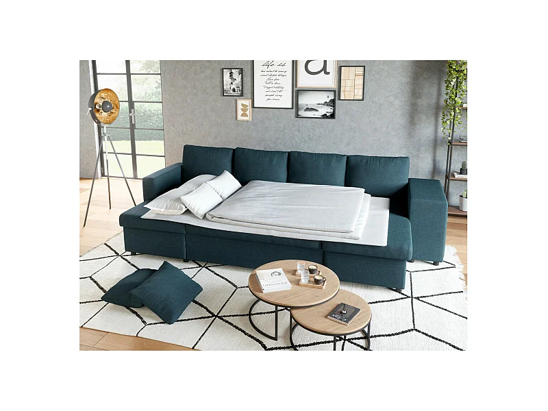 Canapé d'angle panoramique Oslo convertible avec coffres et poufs à droite - Tissu - Bleu pétrole - L311 x P146 x H81cm - Loungitude