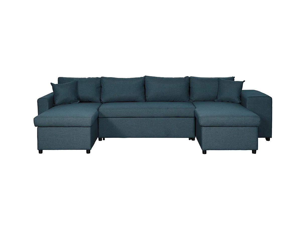 Canapé d'angle panoramique Oslo convertible avec coffres et poufs à droite - Tissu - Bleu pétrole - L311 x P146 x H81cm - Loungitude