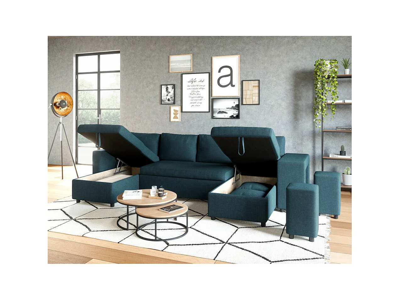 Canapé d'angle panoramique Oslo convertible avec coffres et poufs à droite - Tissu - Bleu pétrole - L311 x P146 x H81cm - Loungitude