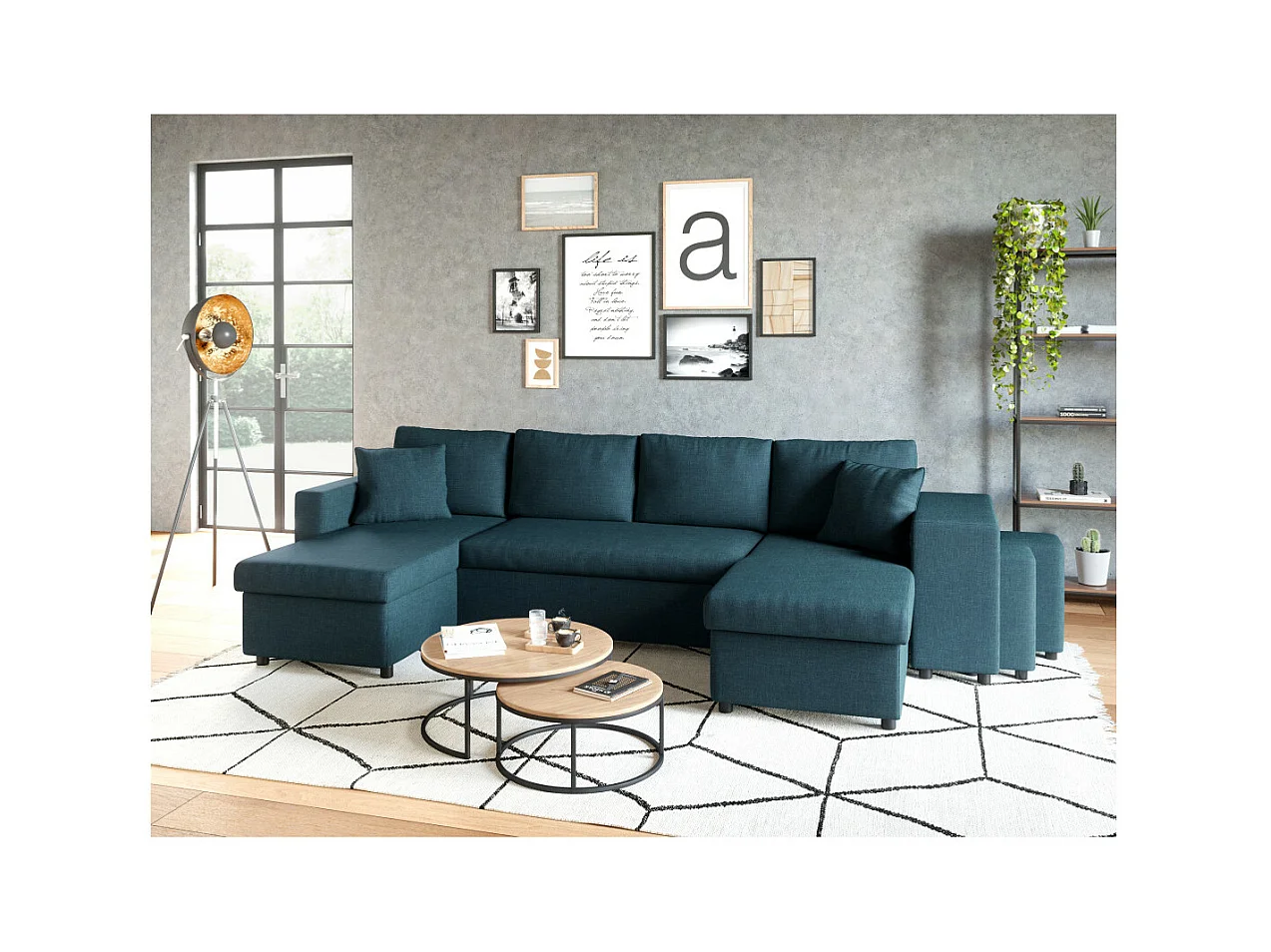 Canapé d'angle panoramique Oslo convertible avec coffres et poufs à droite - Tissu - Bleu pétrole - L311 x P146 x H81cm - Loungitude