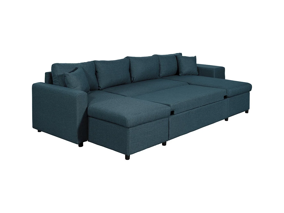 Canapé d'angle panoramique Oslo convertible avec coffres et poufs à droite - Tissu - Bleu pétrole - L311 x P146 x H81cm - Loungitude