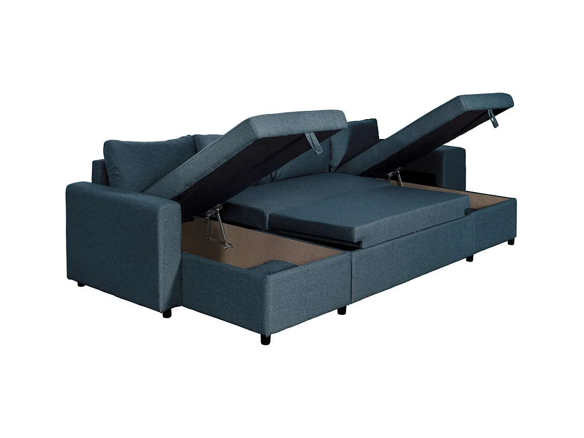 Canapé d'angle panoramique Oslo convertible avec coffres et poufs à droite - Tissu - Bleu pétrole - L311 x P146 x H81cm - Loungitude