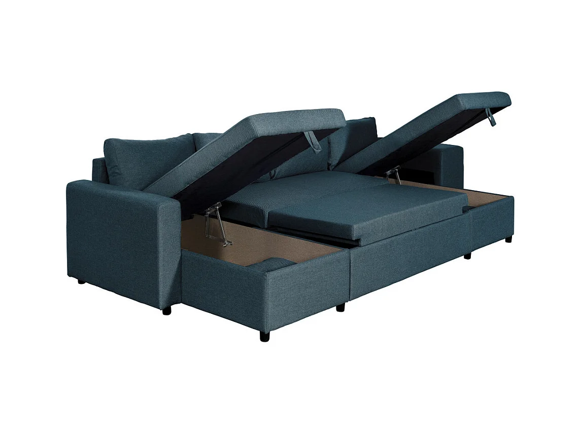 Canapé d'angle panoramique Oslo convertible avec coffres et poufs à droite - Tissu - Bleu pétrole - L311 x P146 x H81cm - Loungitude