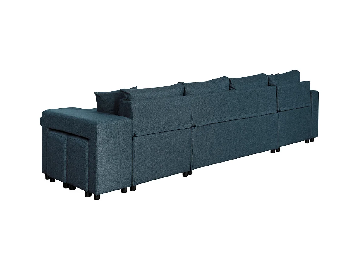 Canapé d'angle panoramique Oslo convertible avec coffres et poufs à droite - Tissu - Bleu pétrole - L311 x P146 x H81cm - Loungitude