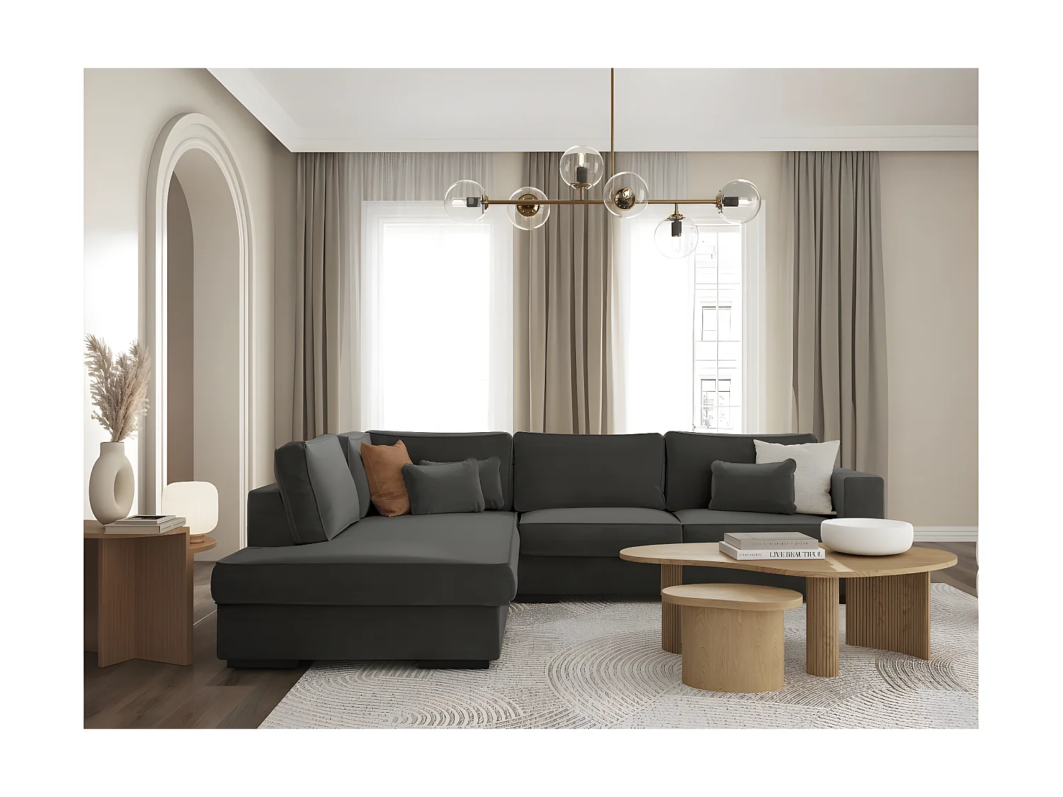 Canapé d'angle gauche XXL 6 places Belami en tissu - Gris anthracite - L303 x 228 x 86cm - Loungitude