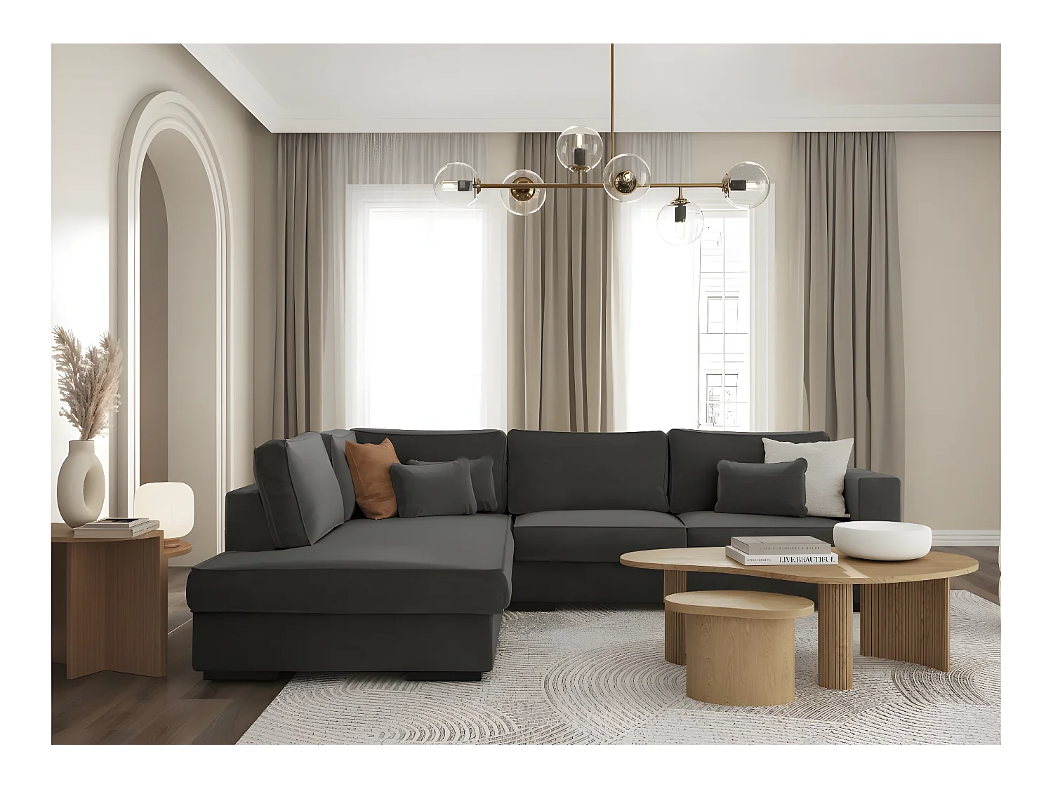 Canapé d'angle gauche XXL 6 places Belami en tissu - Gris anthracite - L303 x 228 x 86cm - Loungitude