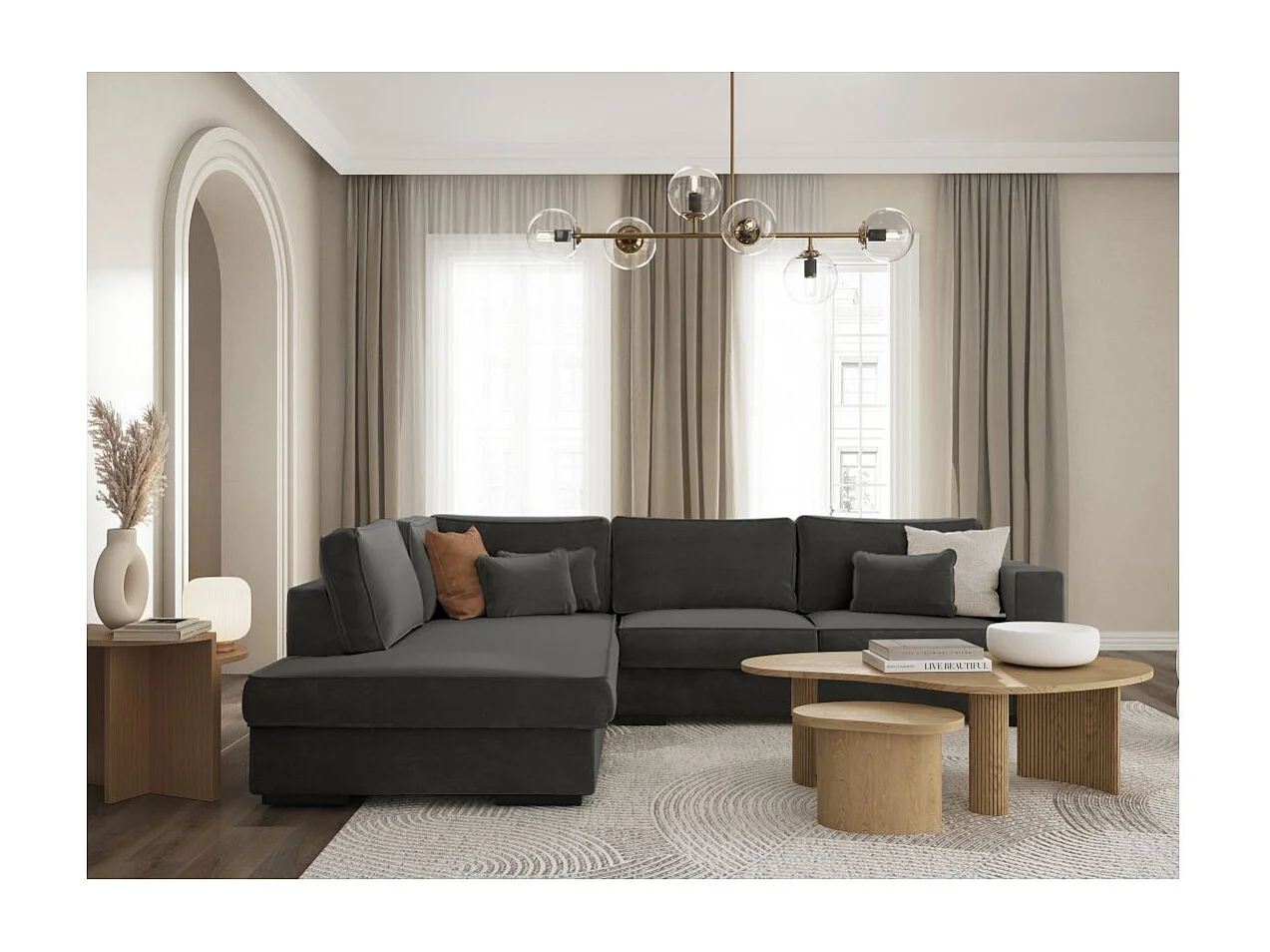 Canapé d'angle gauche XXL 6 places Belami en tissu - Gris anthracite - L303 x 228 x 86cm - Loungitude