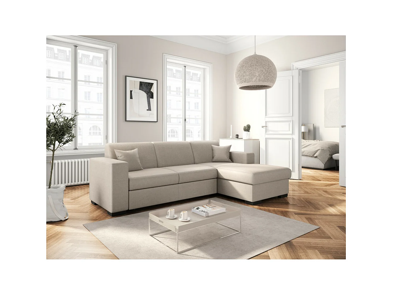 Canapé d'angle droit 4 places Fuji XL convertible avec coffre en tissu - Beige - L262 x 157 x 83cm - Loungitude