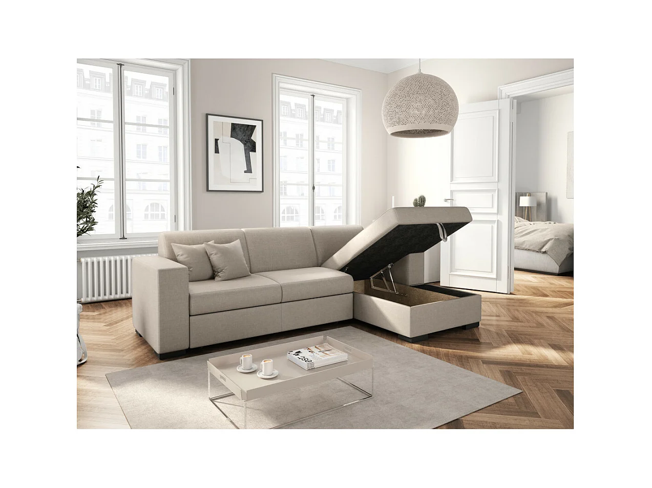 Canapé d'angle droit 4 places Fuji XL convertible avec coffre en tissu - Beige - L262 x 157 x 83cm - Loungitude