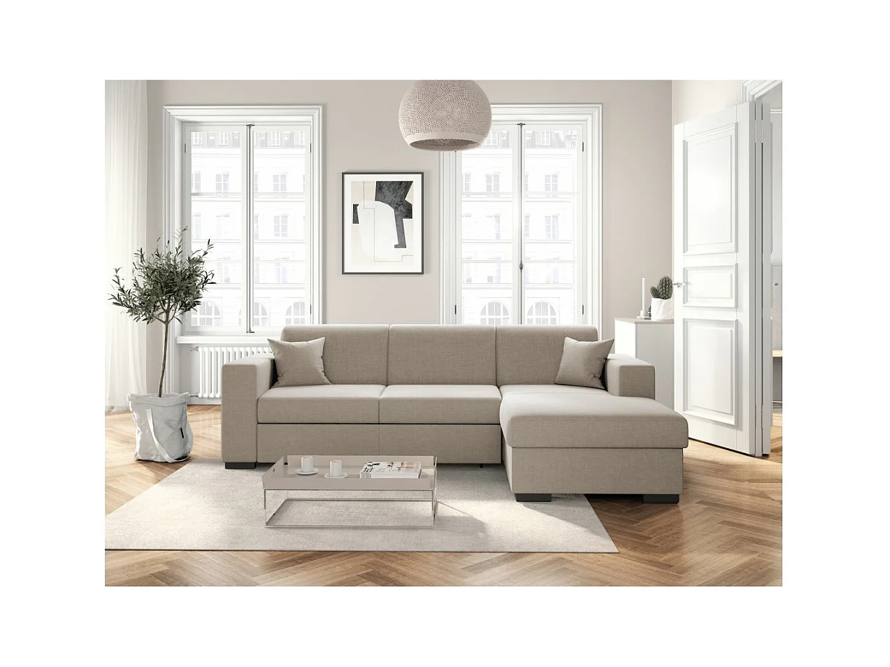 Canapé d'angle droit 4 places Fuji XL convertible avec coffre en tissu - Beige - L262 x 157 x 83cm - Loungitude