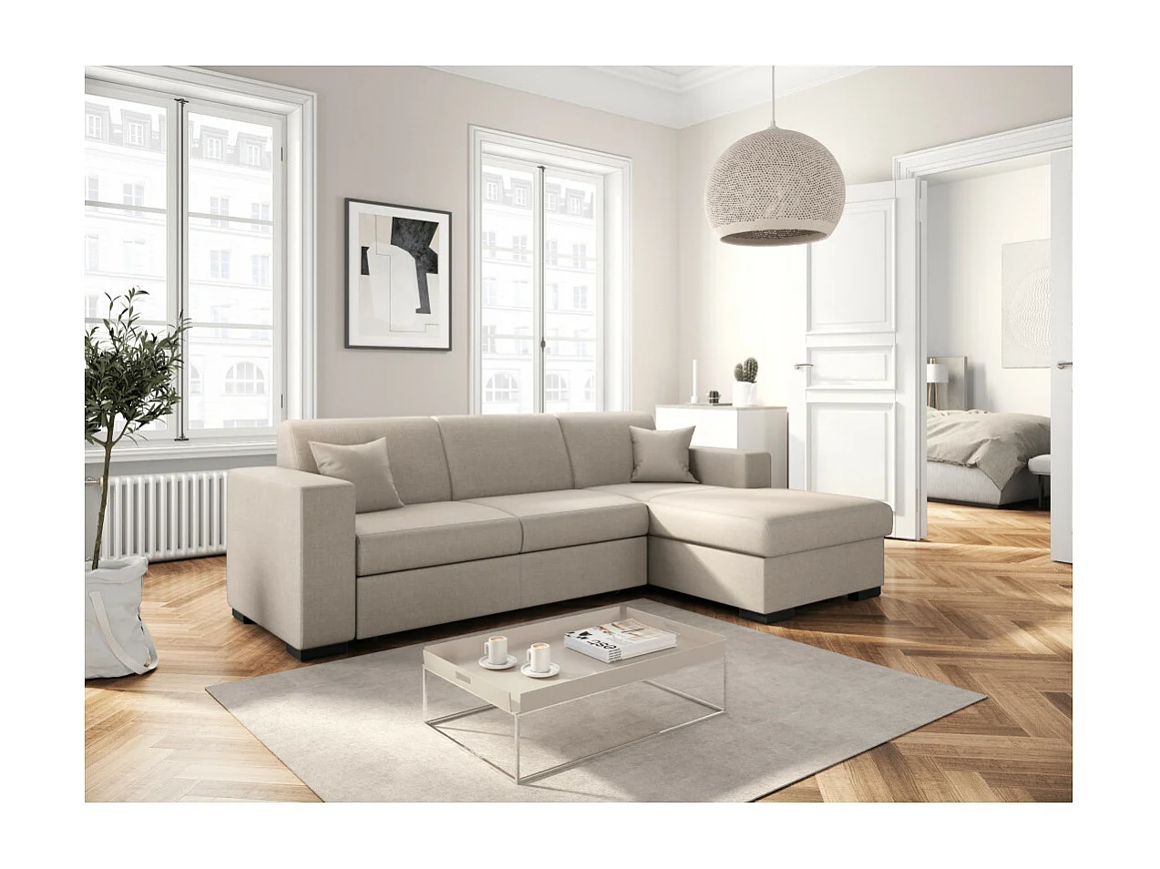 Canapé d'angle droit 4 places Fuji XL convertible avec coffre en tissu - Beige - L262 x 157 x 83cm - Loungitude