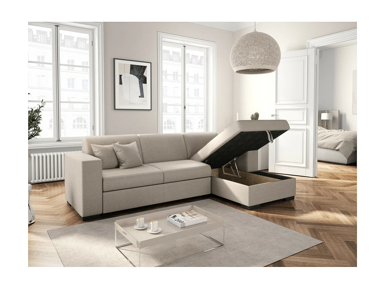Canapé d'angle droit 4 places Fuji XL convertible avec coffre en tissu - Beige - L262 x 157 x 83cm - Loungitude