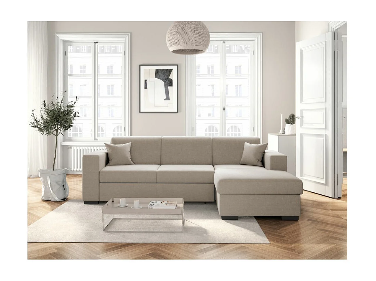 Canapé d'angle droit 4 places Fuji XL convertible avec coffre en tissu - Beige - L262 x 157 x 83cm - Loungitude