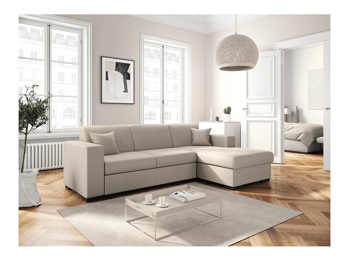 Canapé d'angle droit 4 places Fuji XL convertible avec coffre en tissu - Beige - L262 x 157 x 83cm - Loungitude