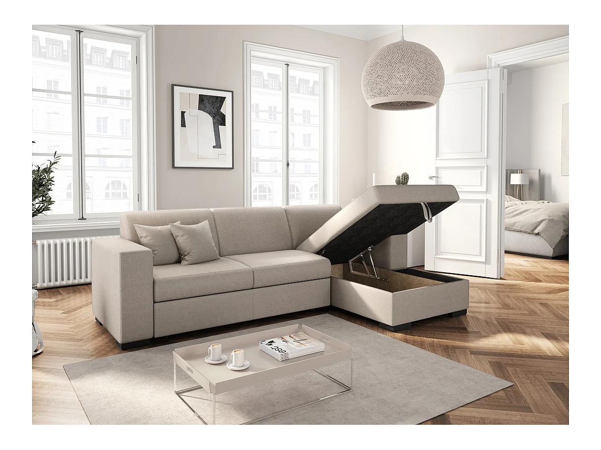 Canapé d'angle droit 4 places Fuji XL convertible avec coffre en tissu - Beige - L262 x 157 x 83cm - Loungitude