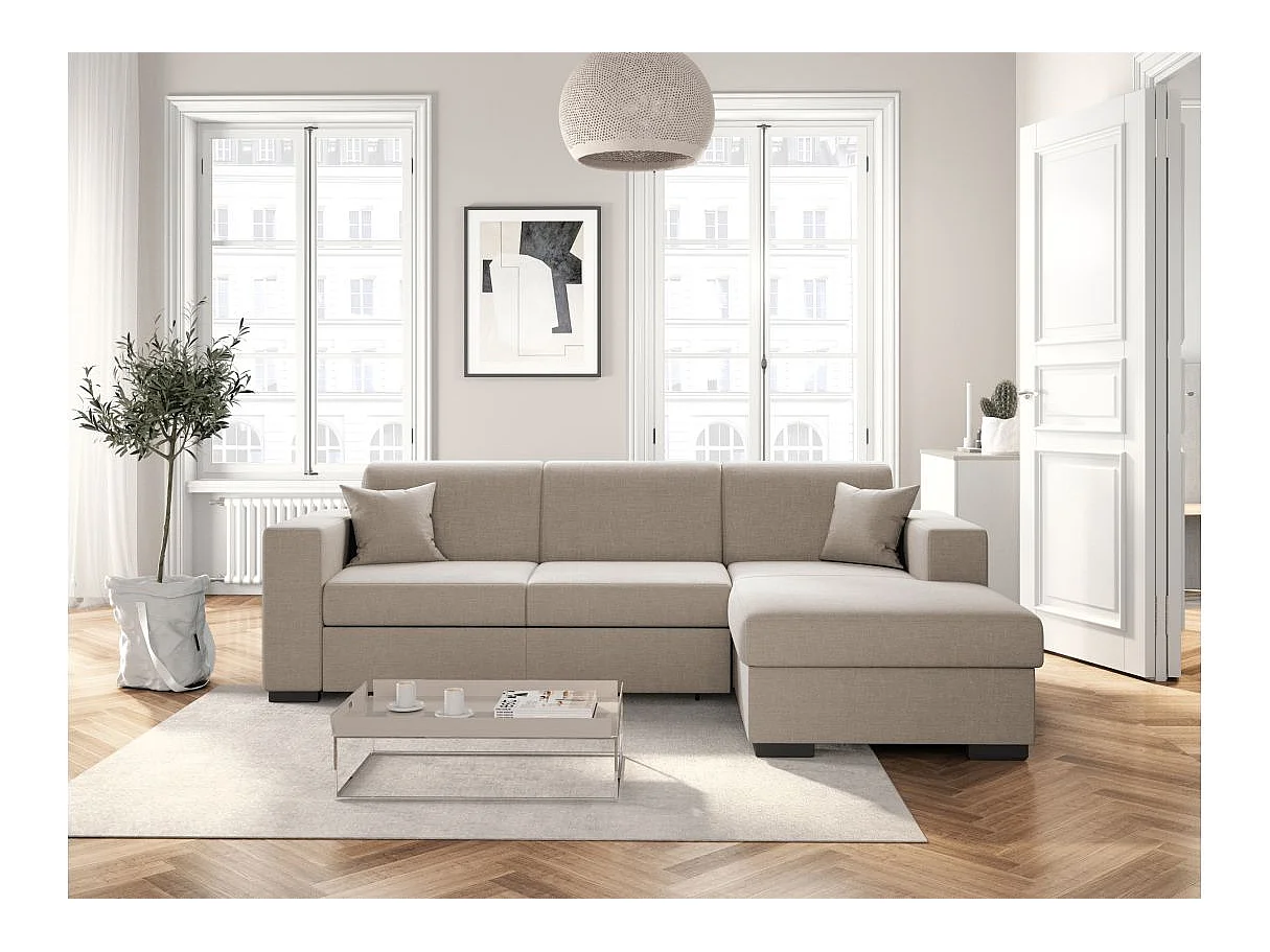 Canapé d'angle droit 4 places Fuji XL convertible avec coffre en tissu - Beige - L262 x 157 x 83cm - Loungitude
