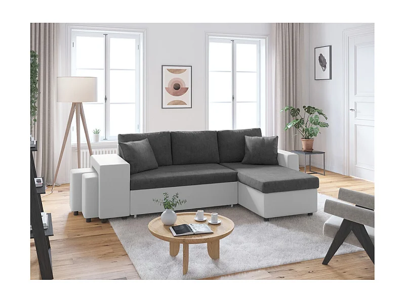 Canapé d'angle 3 places réversible Oslo avec coffre et poufs gauche en bi-matière - Blanc/Gris - L241 x P146 x H81cm - Loungitude