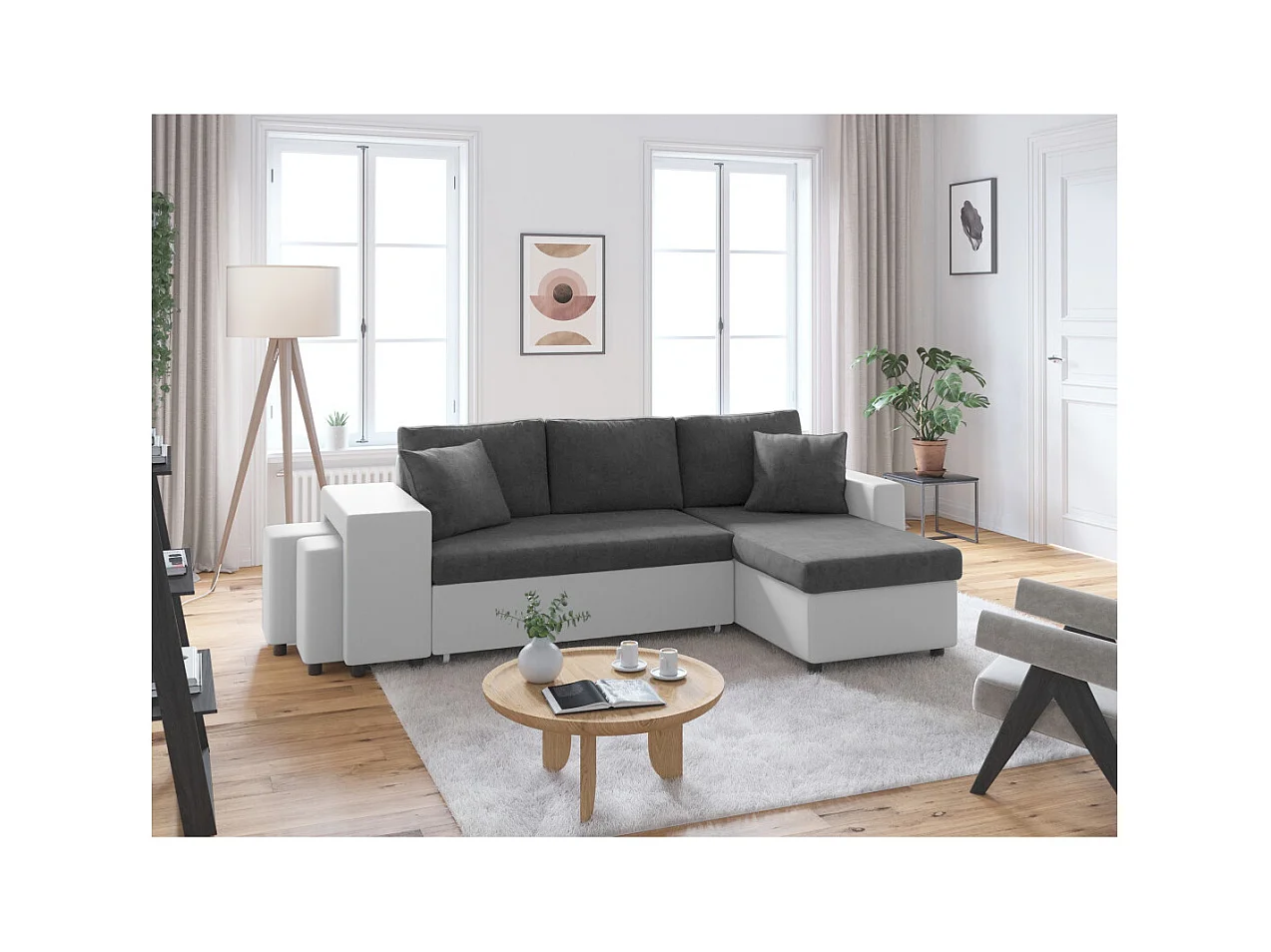 Canapé d'angle 3 places réversible Oslo avec coffre et poufs gauche en bi-matière - Blanc/Gris - L241 x P146 x H81cm - Loungitude