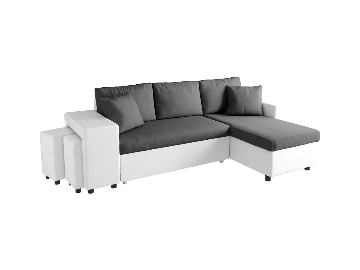Canapé d'angle 3 places réversible Oslo avec coffre et poufs gauche en bi-matière - Blanc/Gris - L241 x P146 x H81cm - Loungitude