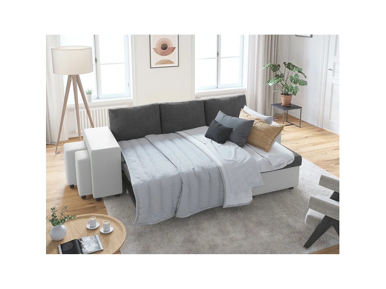 Canapé d'angle 3 places réversible Oslo avec coffre et poufs gauche en bi-matière - Blanc/Gris - L241 x P146 x H81cm - Loungitude