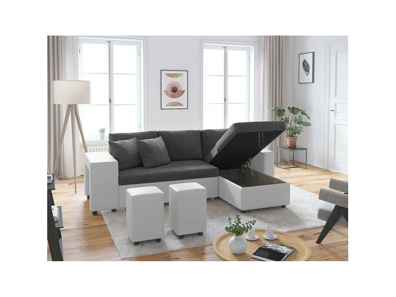 Canapé d'angle 3 places réversible Oslo avec coffre et poufs gauche en bi-matière - Blanc/Gris - L241 x P146 x H81cm - Loungitude