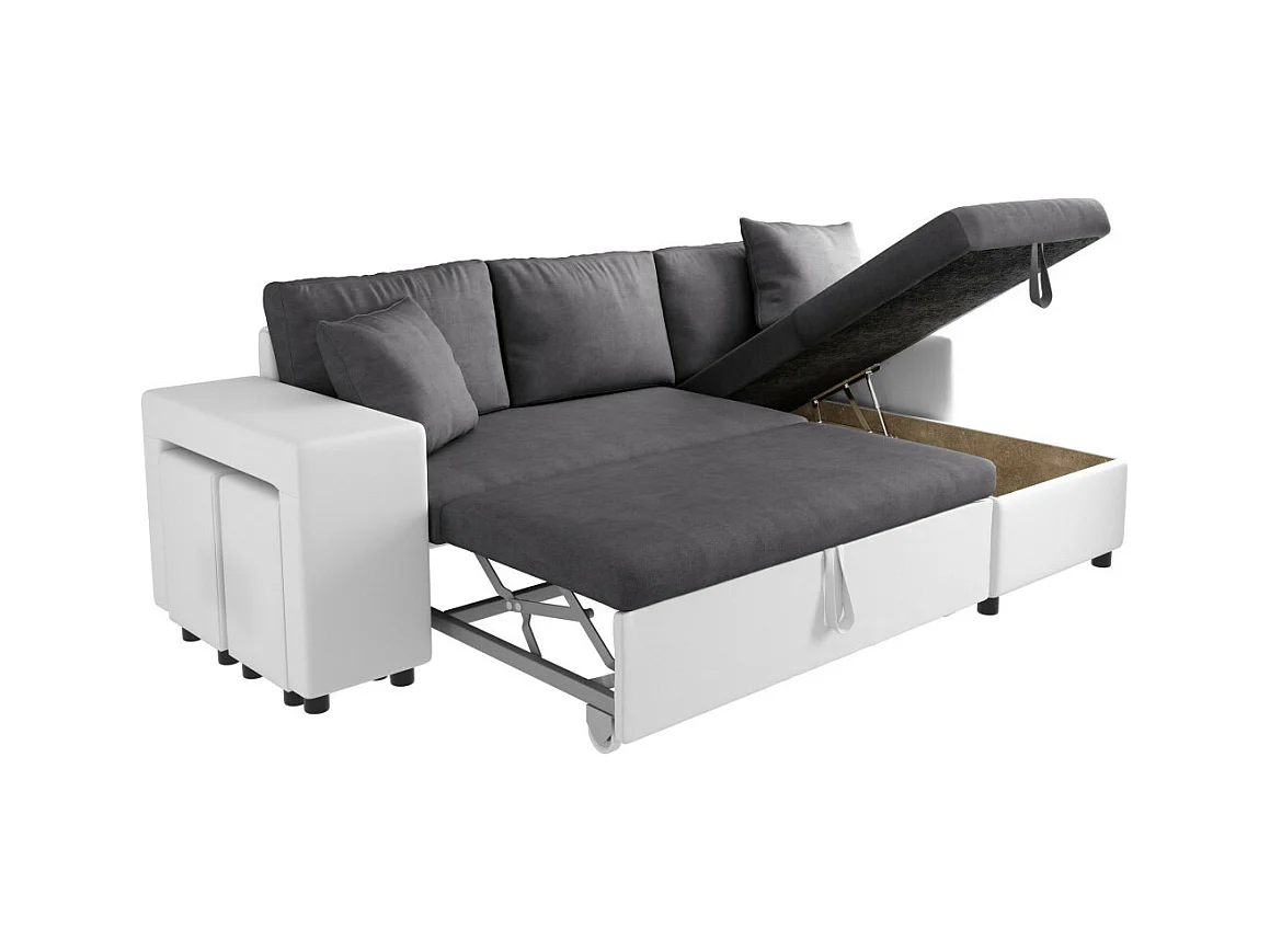Canapé d'angle 3 places réversible Oslo avec coffre et poufs gauche en bi-matière - Blanc/Gris - L241 x P146 x H81cm - Loungitude