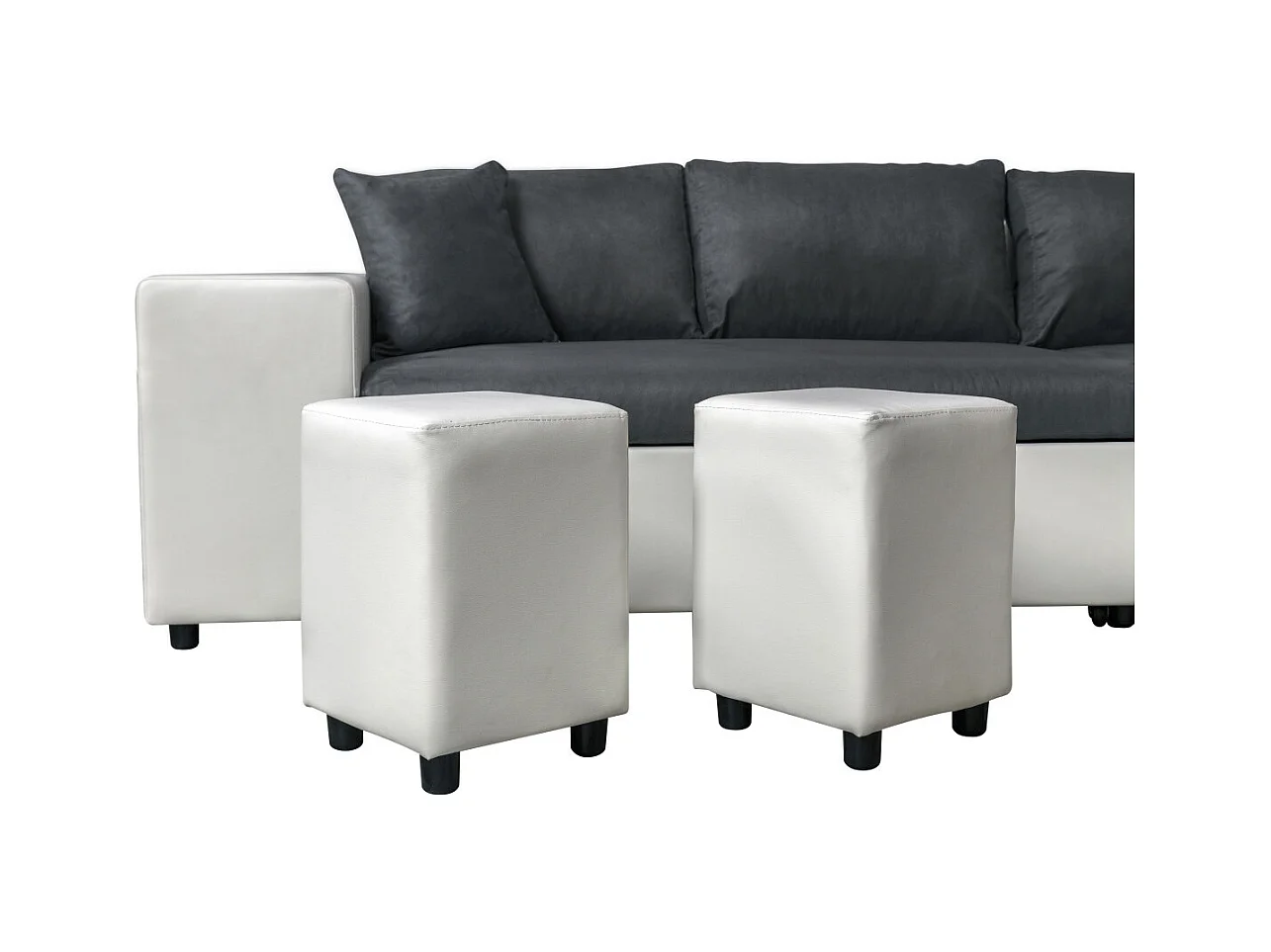 Canapé d'angle 3 places réversible Oslo avec coffre et poufs gauche en bi-matière - Blanc/Gris - L241 x P146 x H81cm - Loungitude