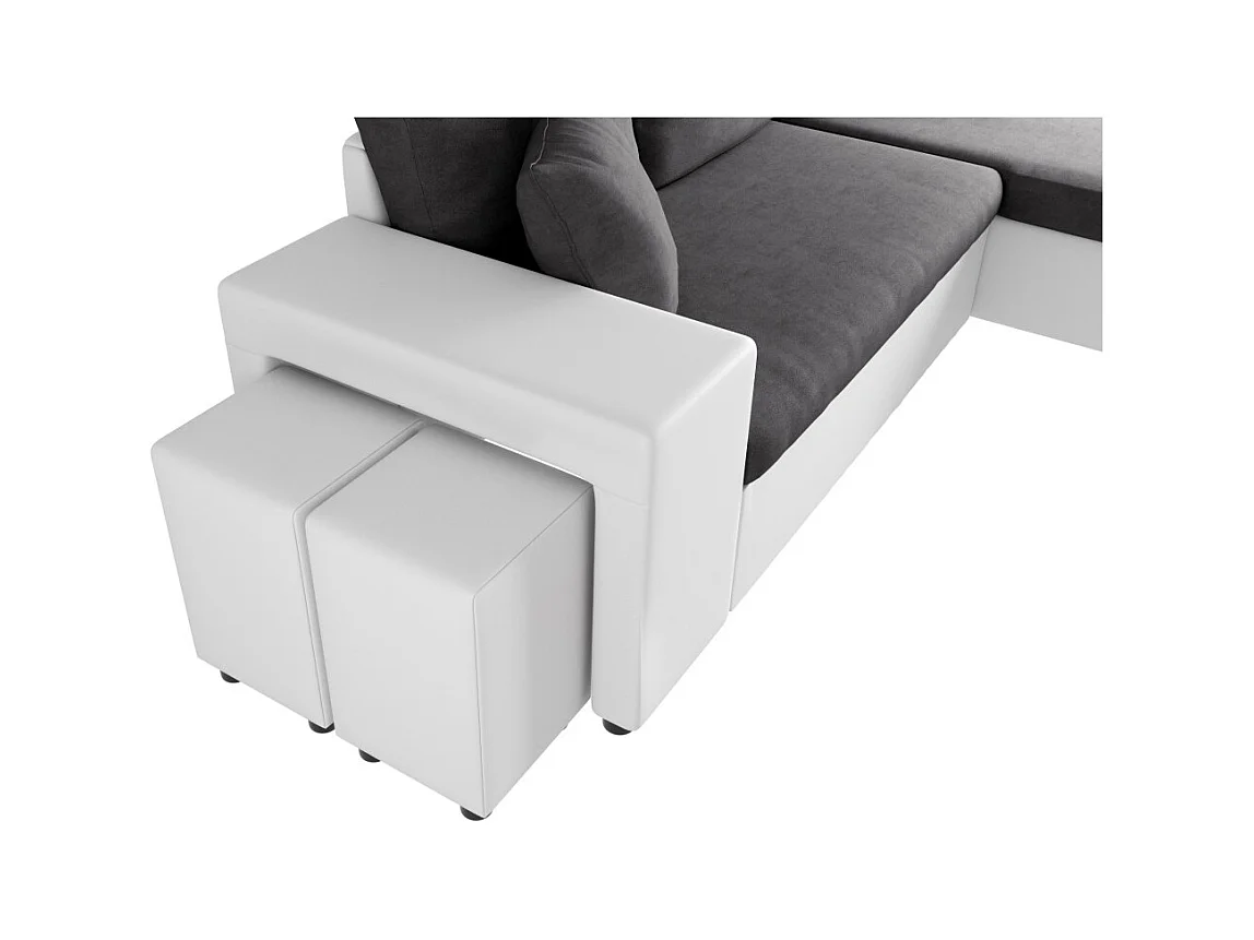 Canapé d'angle 3 places réversible Oslo avec coffre et poufs gauche en bi-matière - Blanc/Gris - L241 x P146 x H81cm - Loungitude