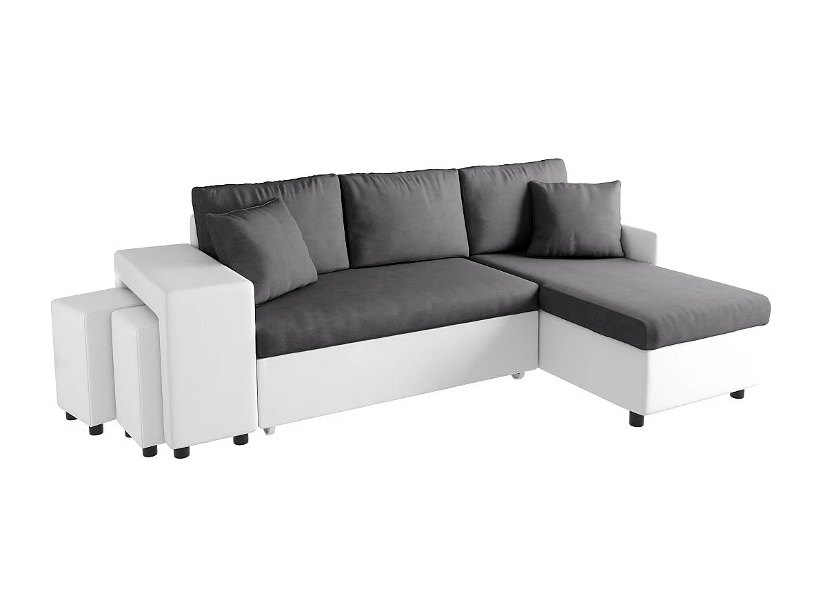 Canapé d'angle 3 places réversible Oslo avec coffre et poufs gauche en bi-matière - Blanc/Gris - L241 x P146 x H81cm - Loungitude
