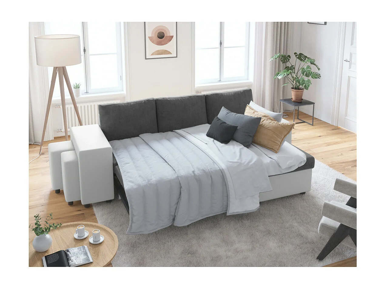 Canapé d'angle 3 places réversible Oslo avec coffre et poufs gauche en bi-matière - Blanc/Gris - L241 x P146 x H81cm - Loungitude