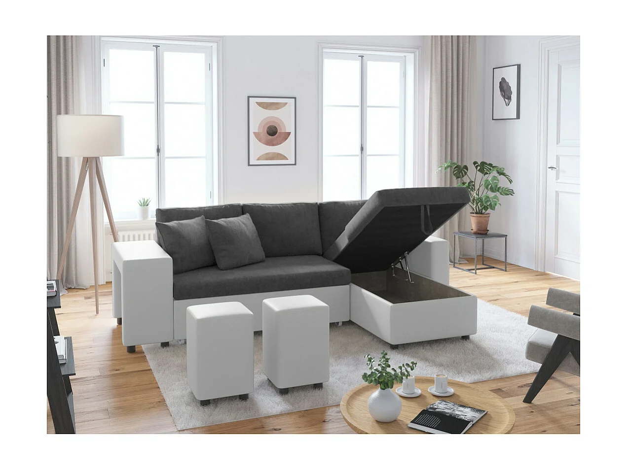 Canapé d'angle 3 places réversible Oslo avec coffre et poufs gauche en bi-matière - Blanc/Gris - L241 x P146 x H81cm - Loungitude