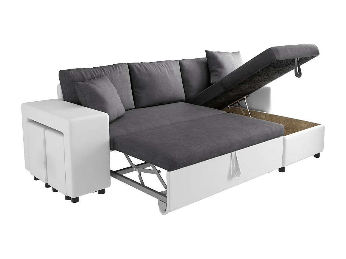 Canapé d'angle 3 places réversible Oslo avec coffre et poufs gauche en bi-matière - Blanc/Gris - L241 x P146 x H81cm - Loungitude