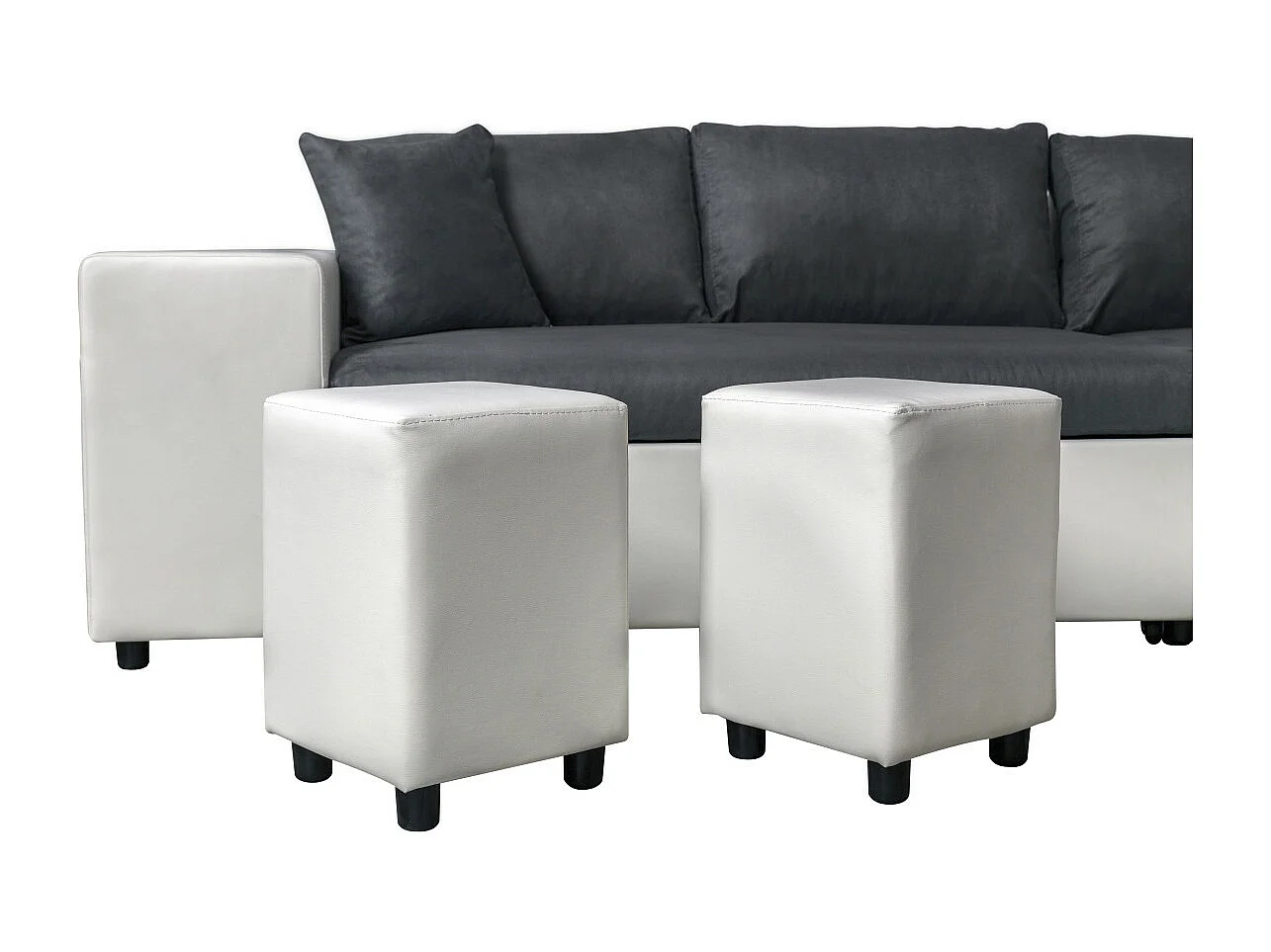 Canapé d'angle 3 places réversible Oslo avec coffre et poufs gauche en bi-matière - Blanc/Gris - L241 x P146 x H81cm - Loungitude