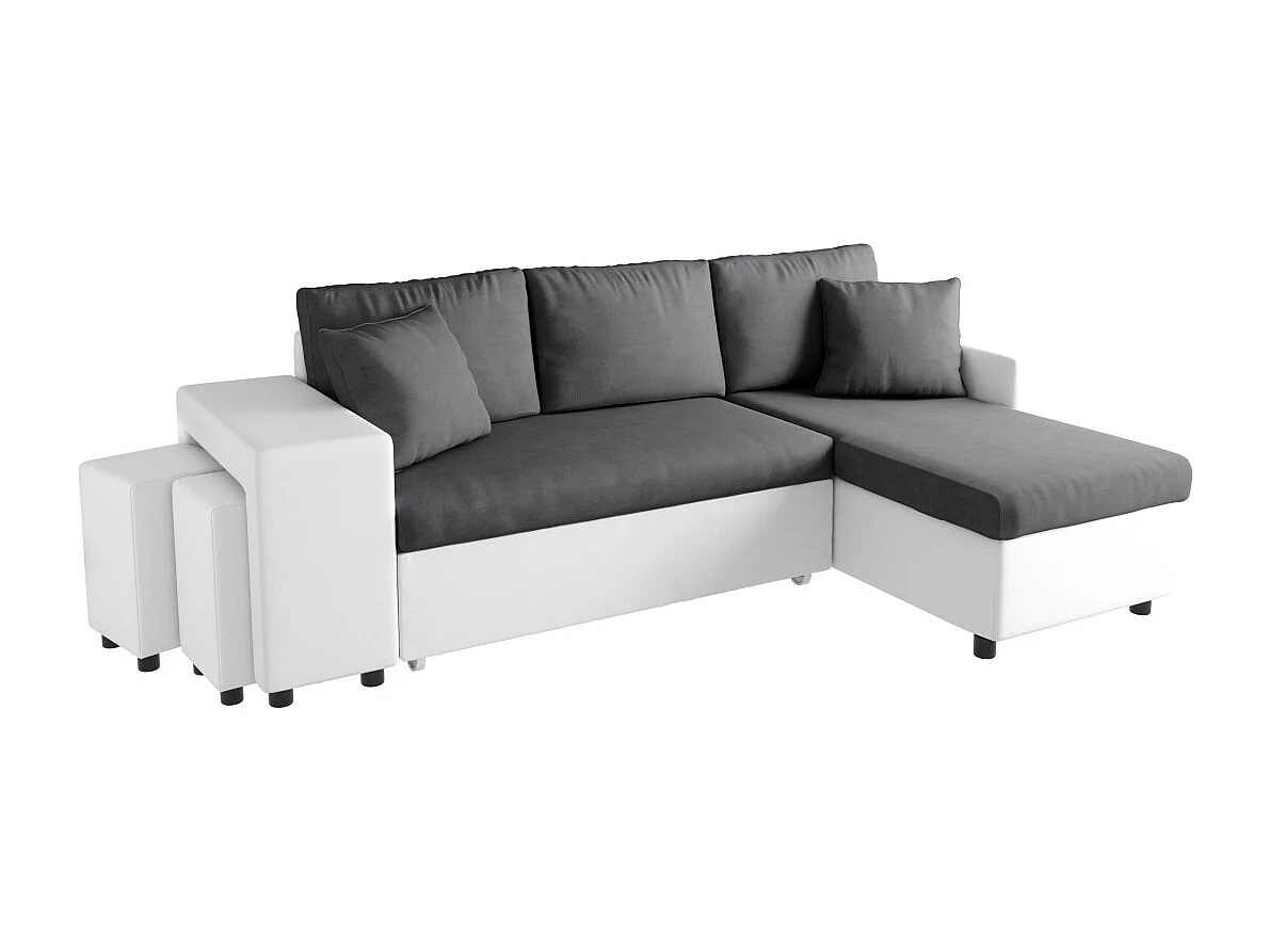 Canapé d'angle 3 places réversible Oslo avec coffre et poufs gauche en bi-matière - Blanc/Gris - L241 x P146 x H81cm - Loungitude