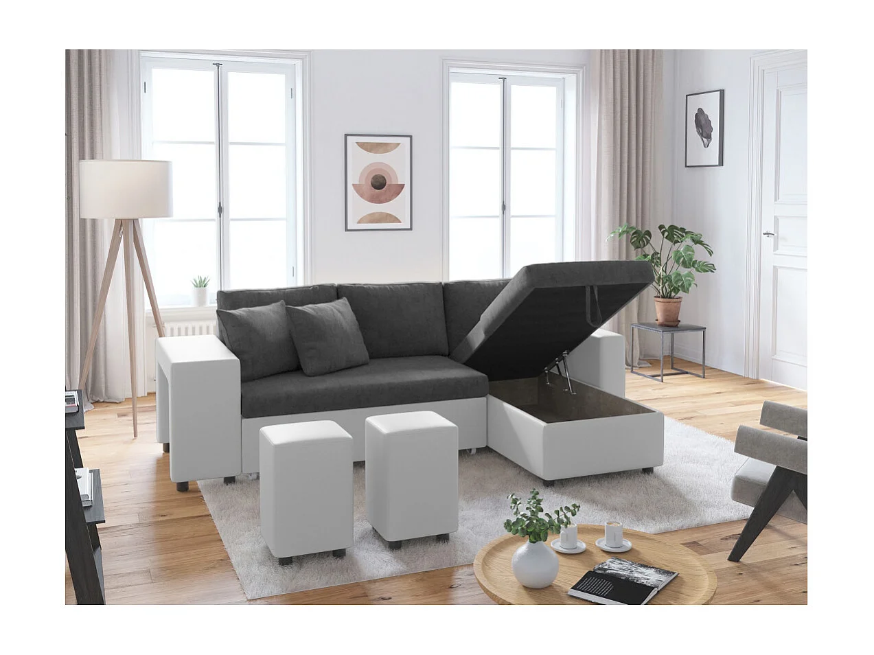 Canapé d'angle 3 places réversible Oslo avec coffre et poufs gauche en bi-matière - Blanc/Gris - L241 x P146 x H81cm - Loungitude