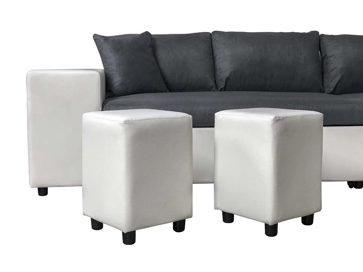 Canapé d'angle 3 places réversible Oslo avec coffre et poufs gauche en bi-matière - Blanc/Gris - L241 x P146 x H81cm - Loungitude