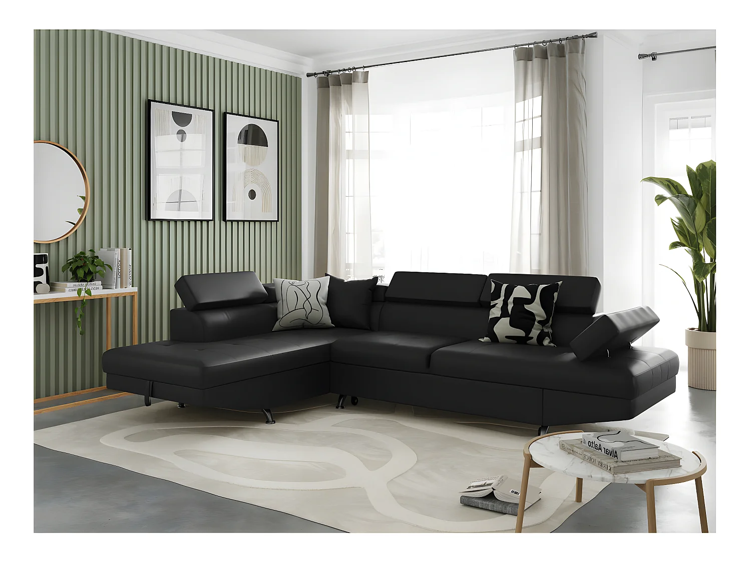 Canapé d'angle gauche 5 places Rio Convertible avec coffre en simili - Noir - L271 x P192 x H70cm - Loungitude