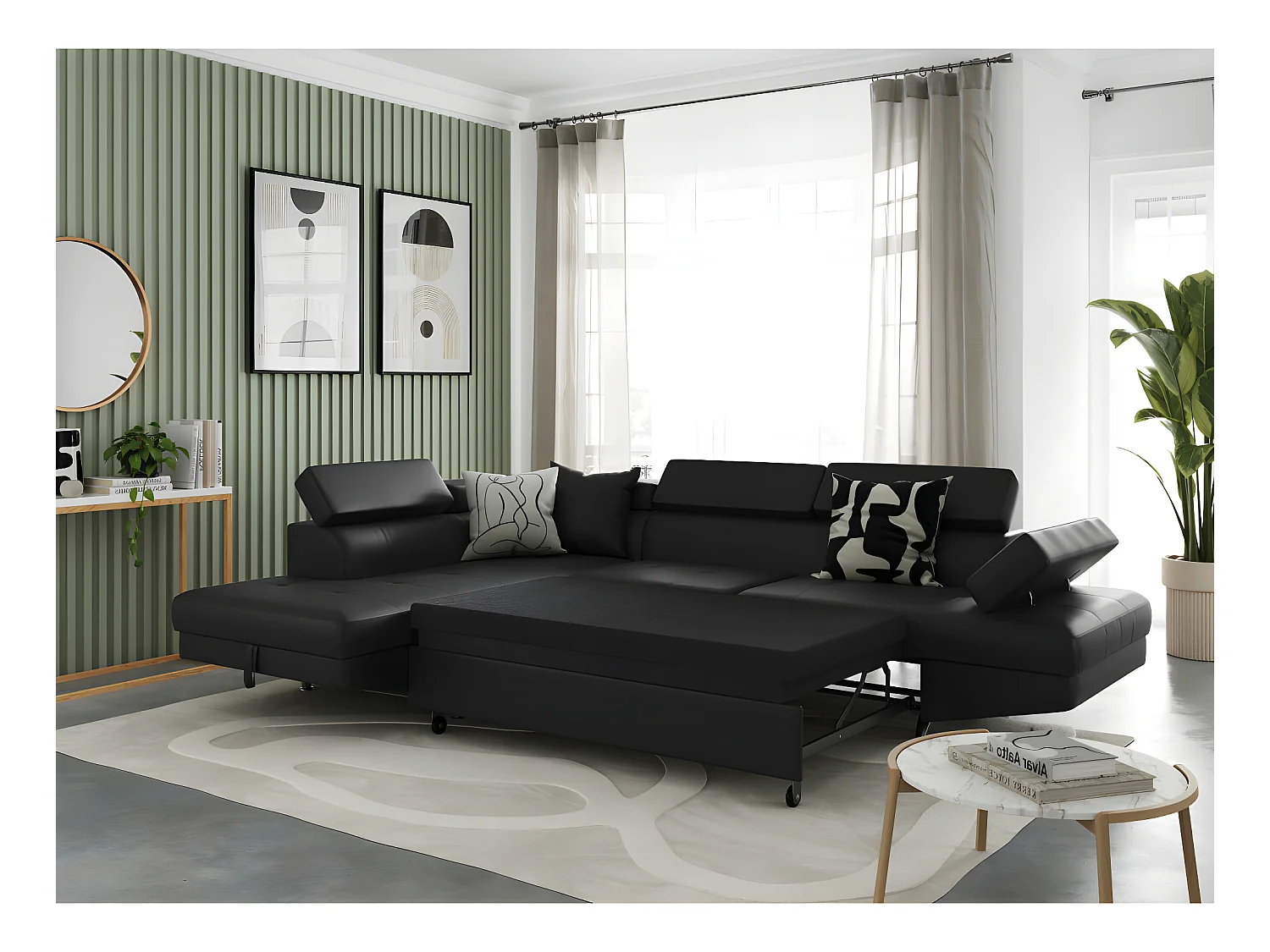 Canapé d'angle gauche 5 places Rio Convertible avec coffre en simili - Noir - L271 x P192 x H70cm - Loungitude