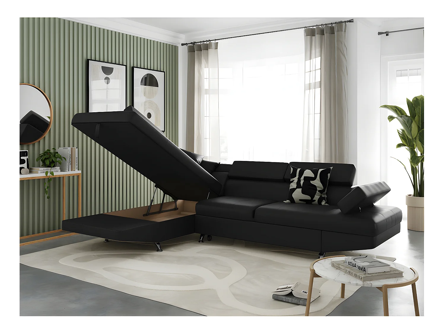 Canapé d'angle gauche 5 places Rio Convertible avec coffre en simili - Noir - L271 x P192 x H70cm - Loungitude