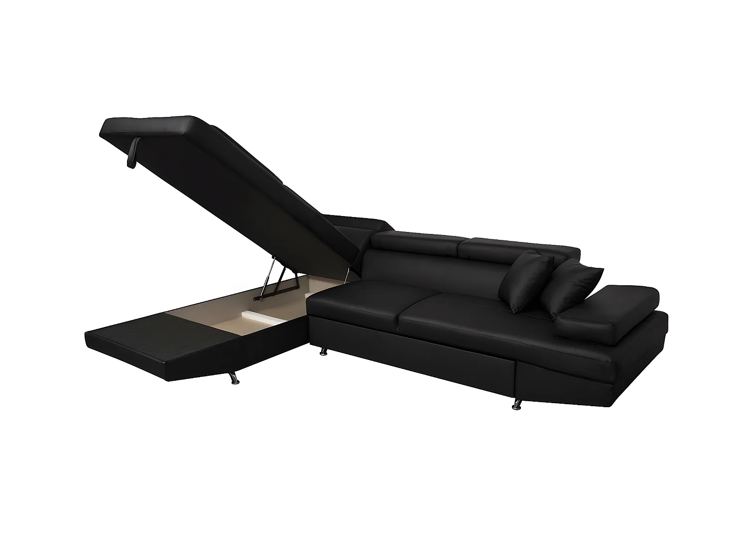 Canapé d'angle gauche 5 places Rio Convertible avec coffre en simili - Noir - L271 x P192 x H70cm - Loungitude