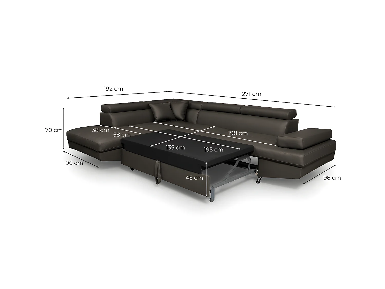 Canapé d'angle gauche 5 places Rio Convertible avec coffre en simili - Noir - L271 x P192 x H70cm - Loungitude