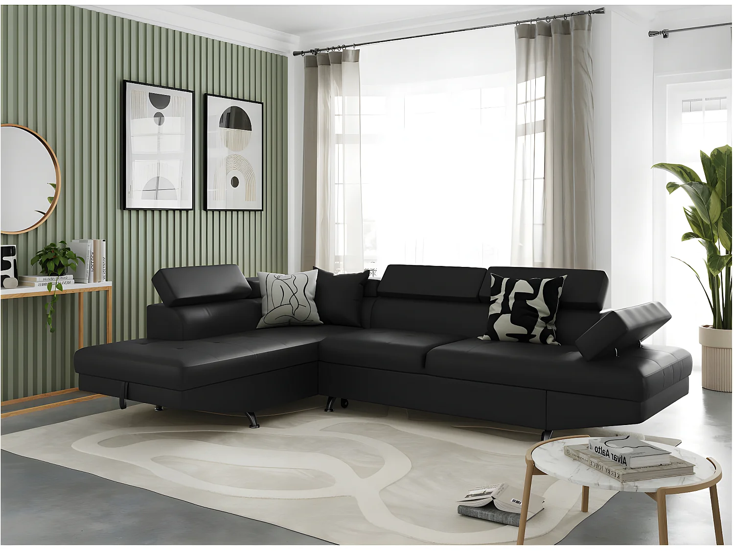 Canapé d'angle gauche 5 places Rio convertible avec coffre en simili - Noir - L271 x P192 x H70cm - Loungitude