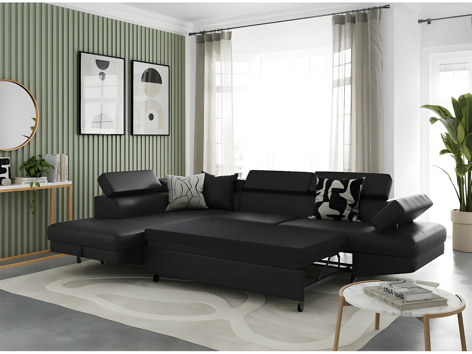 Canapé d'angle gauche 5 places Rio convertible avec coffre en simili - Noir - L271 x P192 x H70cm - Loungitude