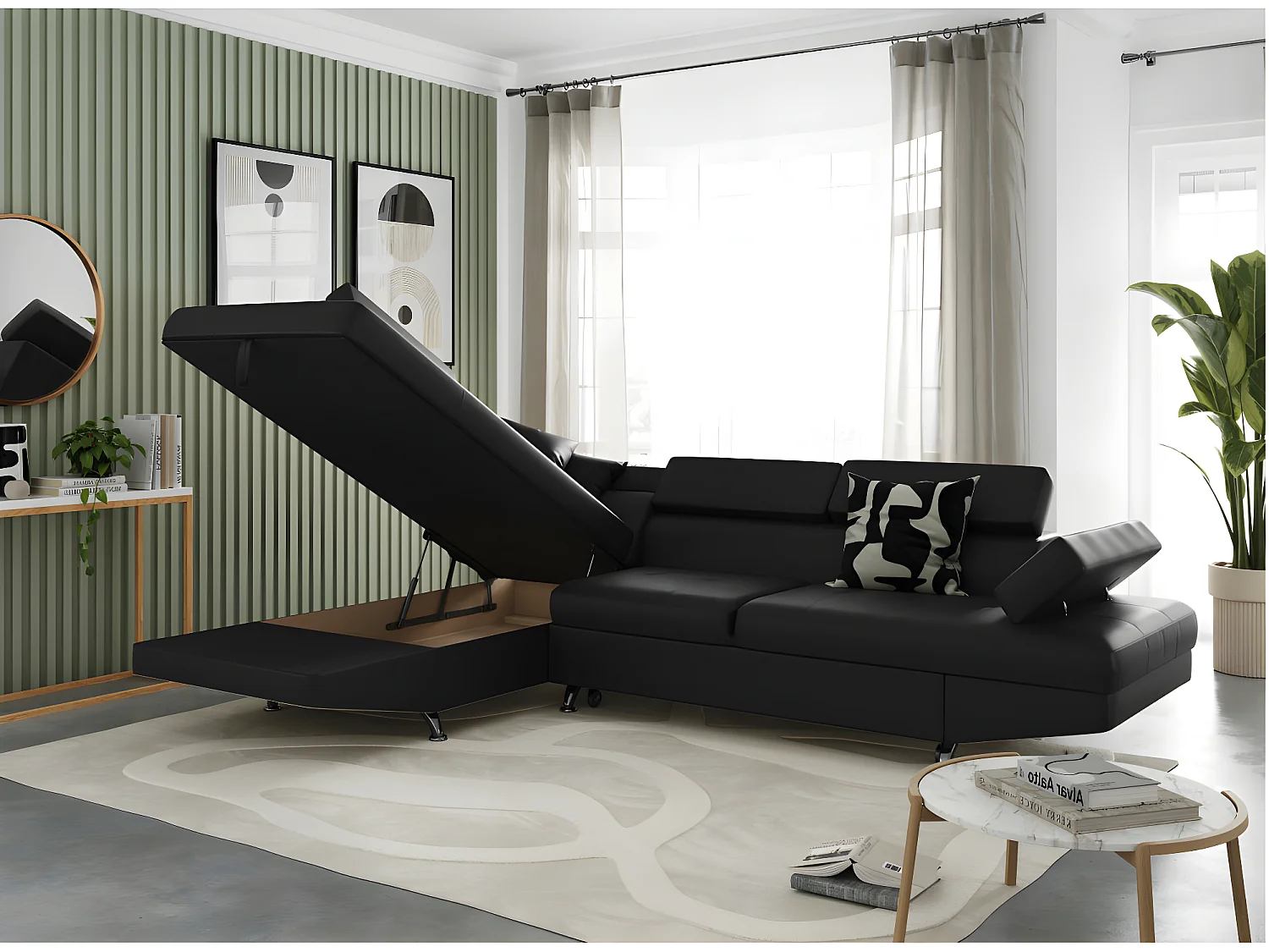 Canapé d'angle gauche 5 places Rio convertible avec coffre en simili - Noir - L271 x P192 x H70cm - Loungitude