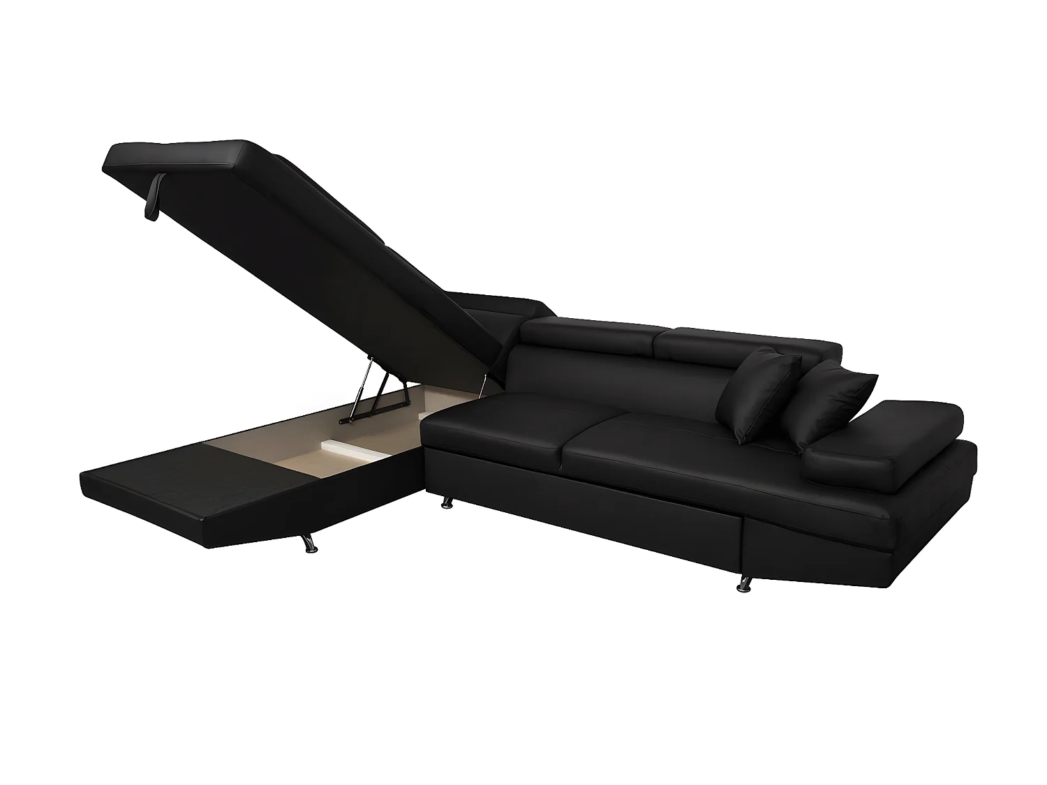 Canapé d'angle gauche 5 places Rio convertible avec coffre en simili - Noir - L271 x P192 x H70cm - Loungitude